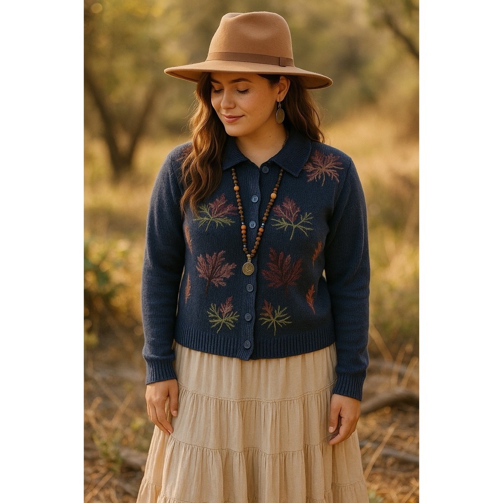 Dress Barn Womans Cardigan Sweater Small Multicolor Silk Blend Leaves Button Up
